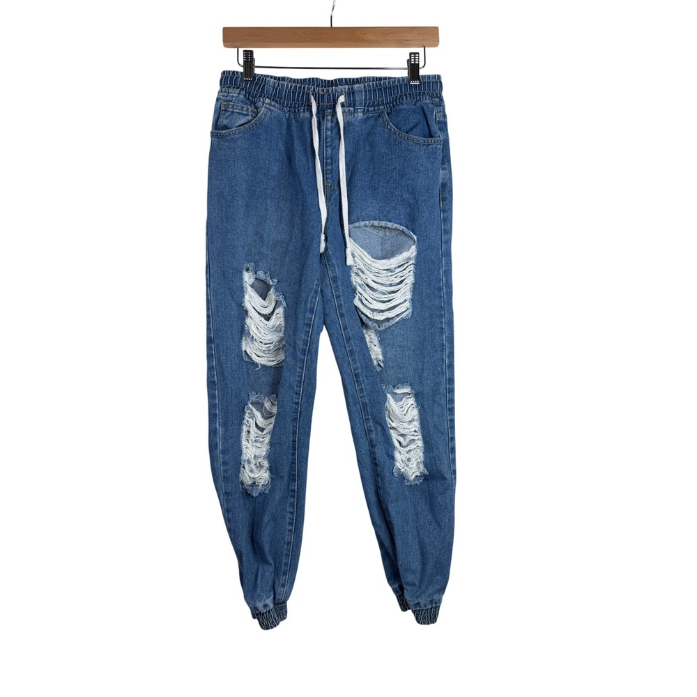 Forever 21 Women's Distressed Jogger Elastic Waist Pants size Small Blue Denim